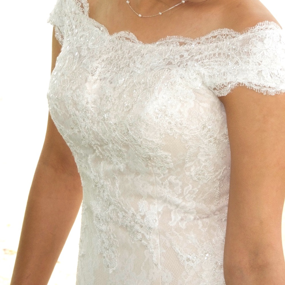 Oleg Cassini Off Shoulder Lace Ivory/Champagne Wedding Dress